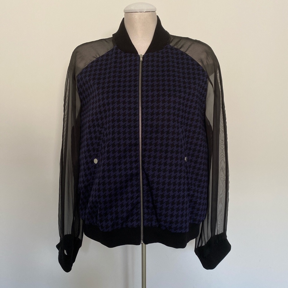 navy and black patterned bomber jacket